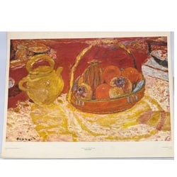 Pierre Bonnard (French, 1867-1947), "Yellow and Red Still Life" Print: This vibrant print, titled "Yellow and Red Still Life," is attributed to the renowned French artist Pierre Bonnard. The piece captures a lively still life scene featuring a yellow teapot alongside a