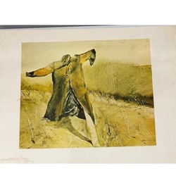 Andrew Wyeth (American, b. 1917) "The Scarecrow" - Printed in Sweden, 1974: This is a reproduction print of Andrew Wyeth's "The Scarecrow." It depicts a scarecrow in a field rendered in Wyeth's characteristic realist style with muted, earthy tones. The print was produced in