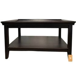Contemporary Black Lacquered Console or End Table: A contemporary black lacquered console or end table, featuring a sleek, rectangular form with clean lines. The table is crafted from wood with a dark, possibly ebony or espresso, lacquered finish,