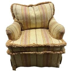 William R. Eubanks Interior Design Armchair: A traditional-style armchair featuring rich, patterned upholstery in shades of yellow, gold, and red. The fabric exhibits a woven damask pattern overlaid with stripes, and a repeating geometric