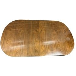 Mid-Century Modern Extension Dining Table: This Mid-Century Modern extension dining table features a rich wood grain top with a warm finish and brass accents. The oblong tabletop is designed with a central fixed section and two hinged drop