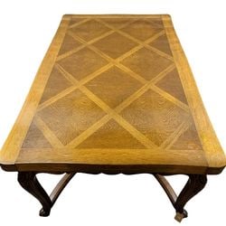 French Provincial Style Oak Extension Dining Table with Parquet Top and Carved Details (1 of 1)