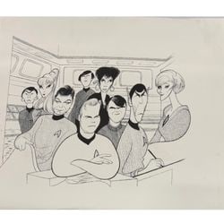 Star Trek Original Series Caricature Illustration: An original black and white ink illustration from the mid-20th century, depicting caricatures of the main cast members from the iconic television series Star Trek: The Original Series. The