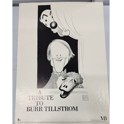 Al Hirschfeld (American, 1903-2003) "A Tribute to Burr Tillstrom" Lithograph Poster, 1986: This black and white lithograph poster, created in 1986 by renowned caricaturist Al Hirschfeld, is titled "A Tribute to Burr Tillstrom." The image features a classic Hirschfeld caricature of Burr