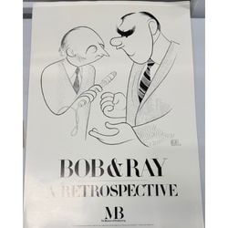 Al Hirschfeld "Bob & Ray: A Retrospective" Poster, Circa 1990s: This vintage poster features a classic Al Hirschfeld caricature of the iconic radio comedy duo, Bob Elliott and Ray Goulding, promoting "Bob & Ray: A Retrospective" at The Museum of Broadcasting. The