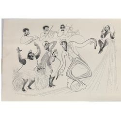 Al Hirschfeld (American, 1903-2003) "Jule Styne: This dynamic ink on paper drawing by Al Hirschfeld captures the essence of a lively musical performance, likely a scene from "Jule Styne's Gents," featuring his signature linear caricatures. The