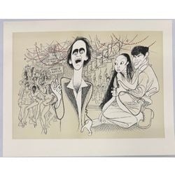 Al Hirschfeld, "Miss Saigon" Lithograph, Signed: This is a signed lithograph by Al Hirschfeld titled "Miss Saigon." The artwork features Hirschfeld's signature linear style, capturing the dramatic essence of the Broadway musical. The scene depicts