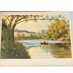 Landscape with River and Figure, George Elmer Browne (1871-1946): This charming landscape print, titled "Village near Delaware Water Gap," depicts a serene river scene with a lone figure in a rowboat, characteristic of the Barbizon style. The artist, George Elmer