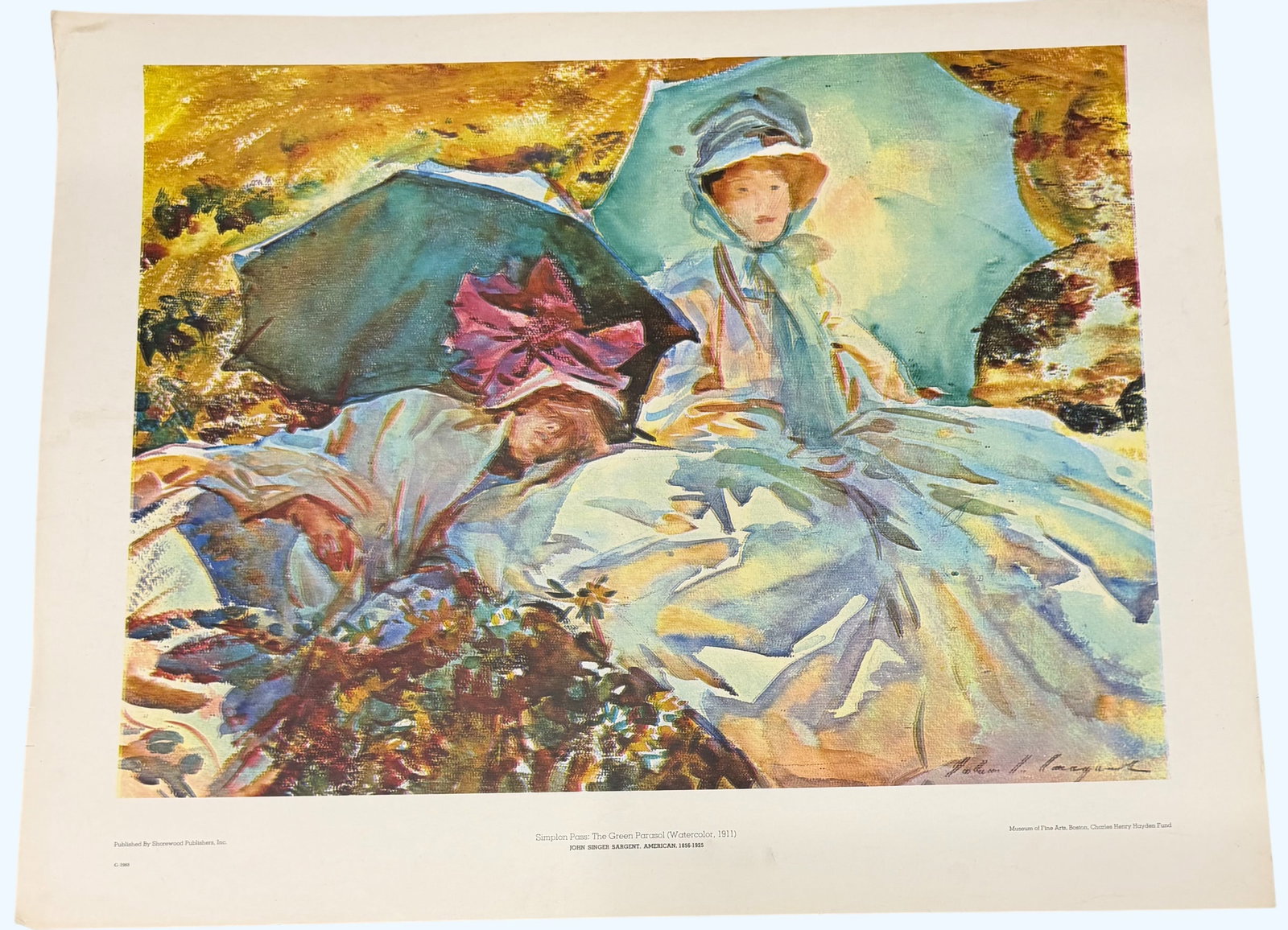 John Singer Sargent Watercolor Print, "Simplon Pass: The Green Parasol": A high-quality print of John Singer Sargent's watercolor "Simplon Pass: The Green Parasol," created in 1910. The print depicts two elegantly dressed women with parasols, rendered in Sargent's