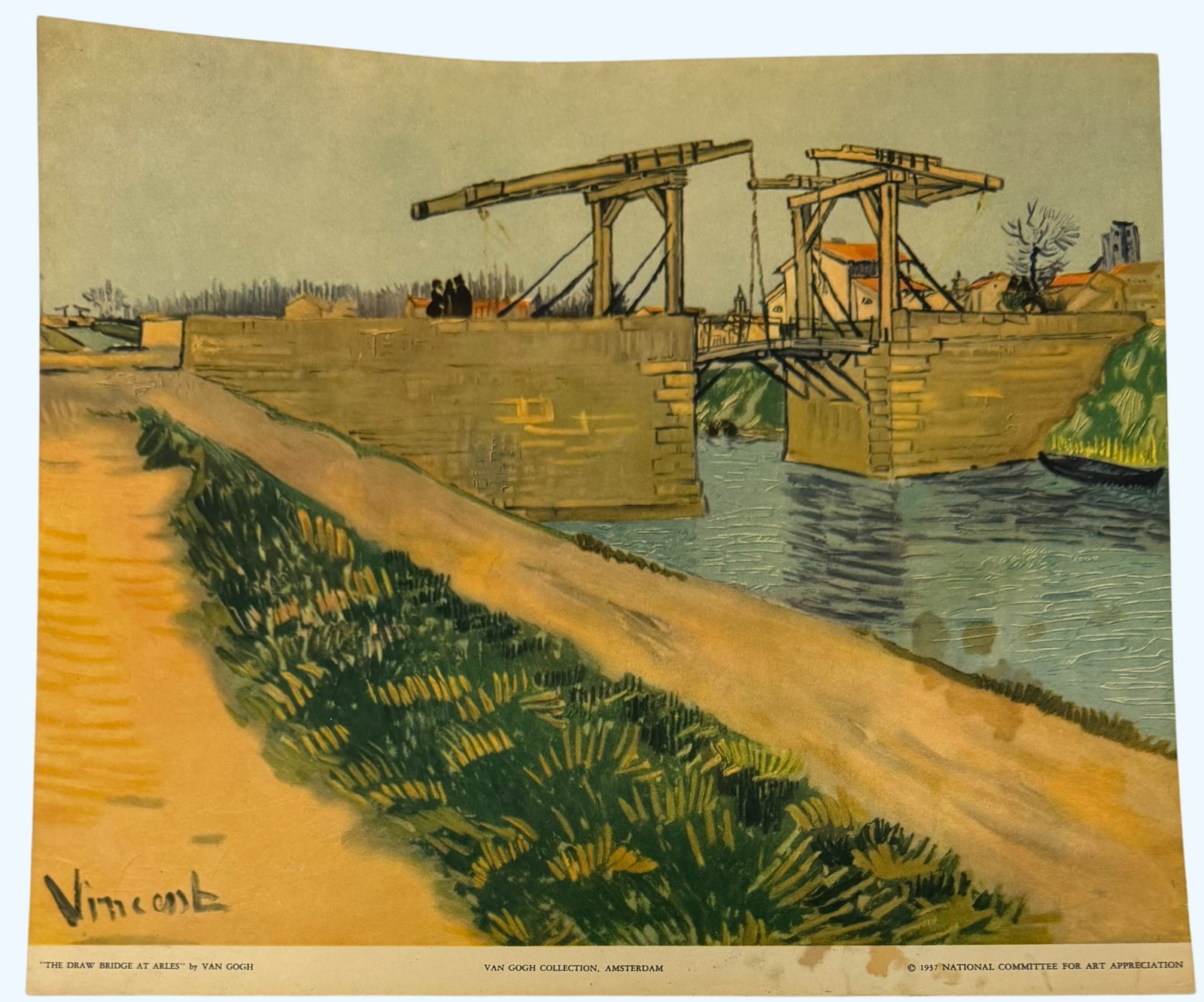Van Gogh "The Draw Bridge at Arles" Print: A color print of Vincent van Gogh's "The Draw Bridge at Arles," featuring a vibrant depiction of the drawbridge over a canal with figures on the bridge and houses in the background. The print is on