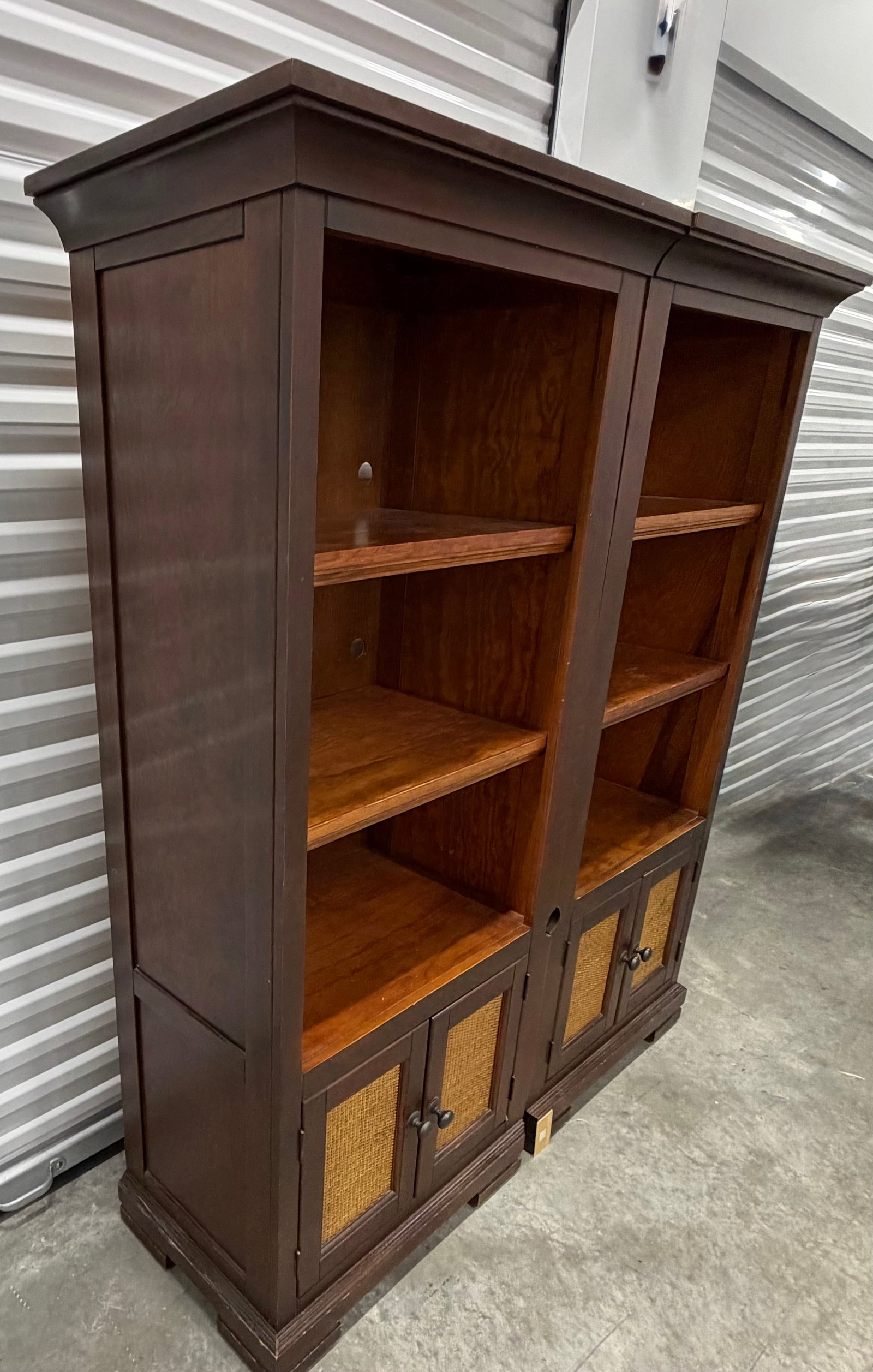 Pair of Hardwood Bookcases with Woven Rattan Cabinet Doors - 3