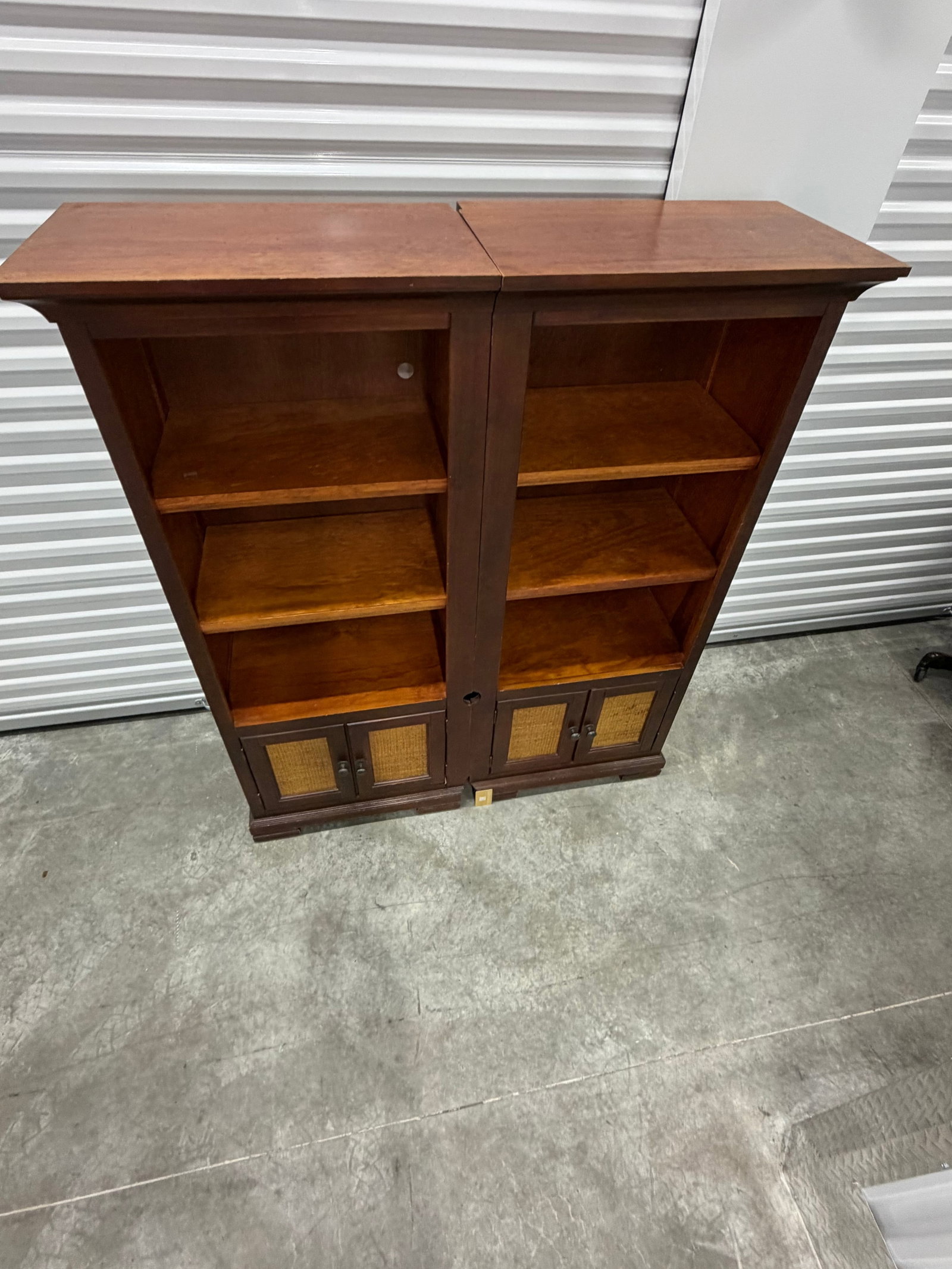 Pair of Hardwood Bookcases with Woven Rattan Cabinet Doors - 4