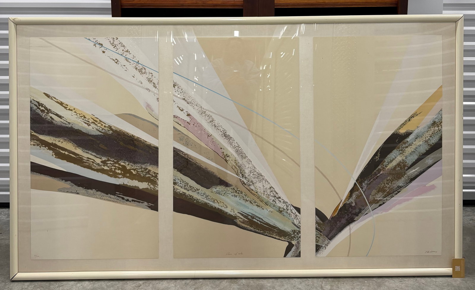 Large Mid-Century Modern Abstract Triptych Print by P. Buckley Moss, "Dance of Life": This striking large-scale triptych print, titled "Dance of Life" and signed by P. Buckley Moss, embodies the aesthetic of Mid-Century Modern design. The abstract composition features a dynamic