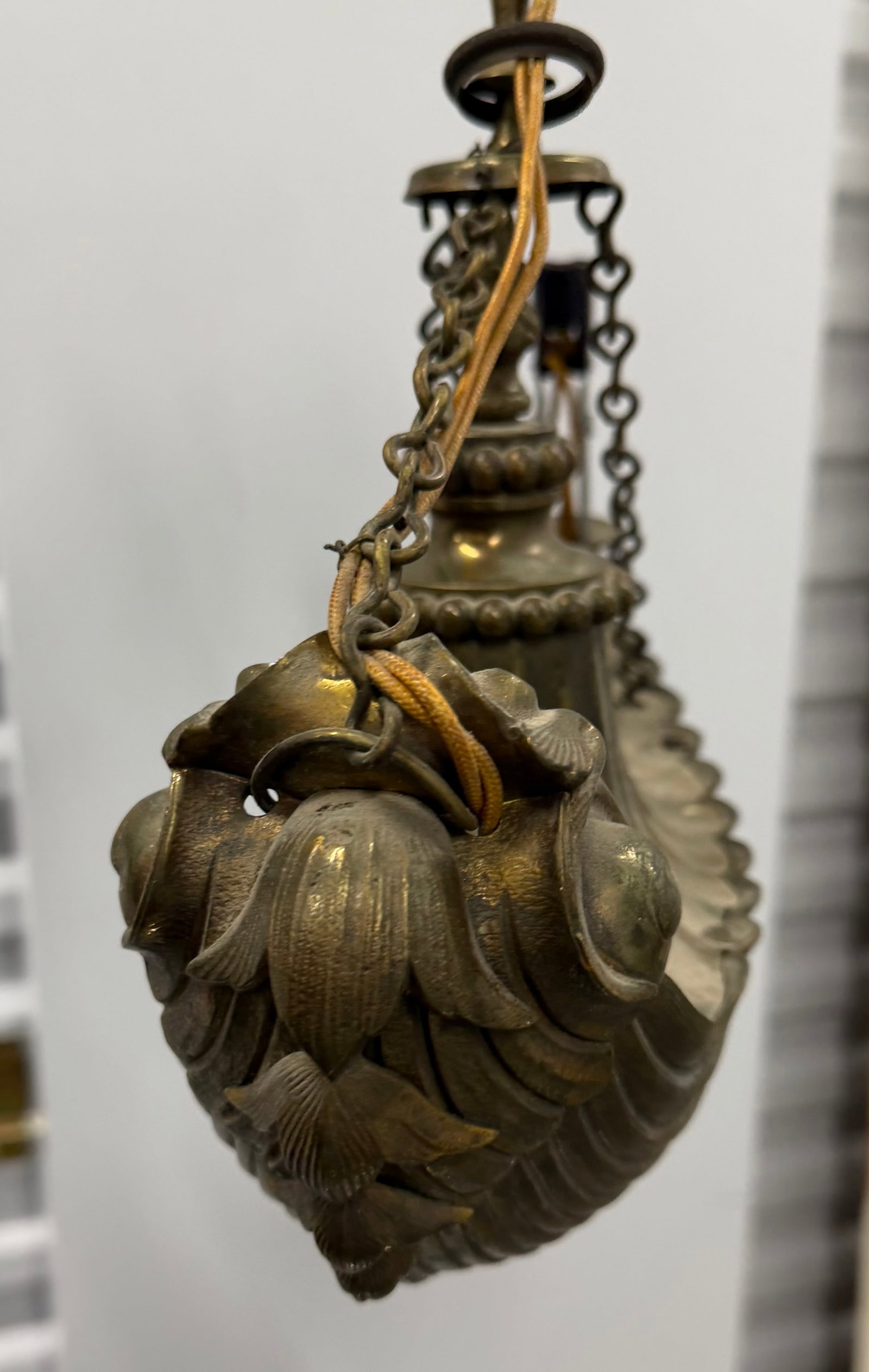 Antique Arts and Crafts Style Brass Chandelier with Shell Motif - 3