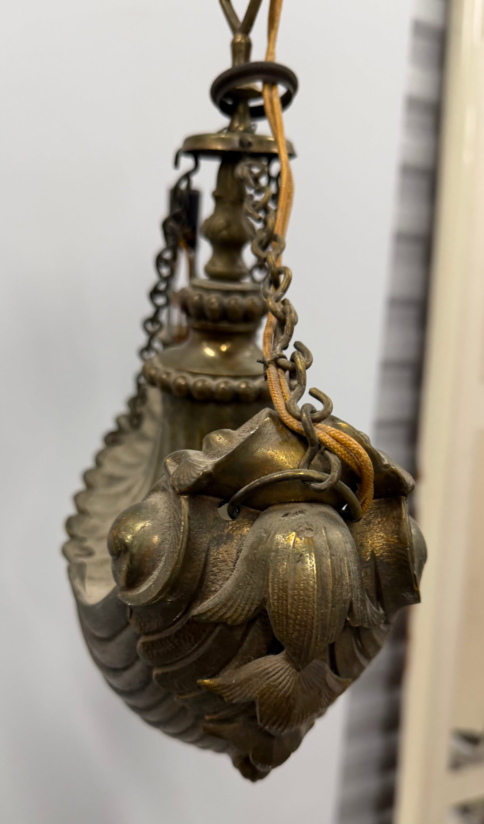 Antique Arts and Crafts Style Brass Chandelier with Shell Motif - 4