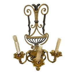 Gilt Metal Wall Sconce: This is a decorative gilt metal wall sconce, likely from the mid-20th century, featuring a classical design with acanthus leaf motifs. The backplate has an ornate, scrolled top and a central