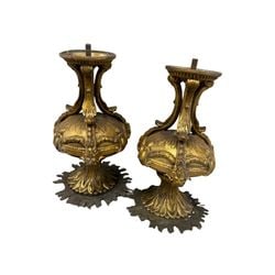Pair of Gilt Bronze Empire Style Chandelier or Sconce Mounts/Elements: A pair of ornate gilt bronze mounts, likely from a chandelier or sconce, executed in the Empire style. Each mount features a multifaceted design including a flared, reeded base and an upper section