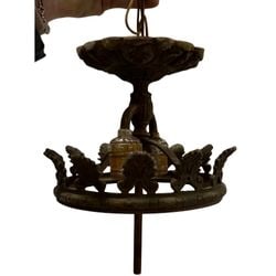 Antique Cast Iron and Gilt Chandelier, Early 20th Century: This early 20th-century chandelier features a robust cast iron frame with ornate scrollwork and acanthus leaf motifs, characteristic of the Art Nouveau or Gothic Revival styles. The metal retains