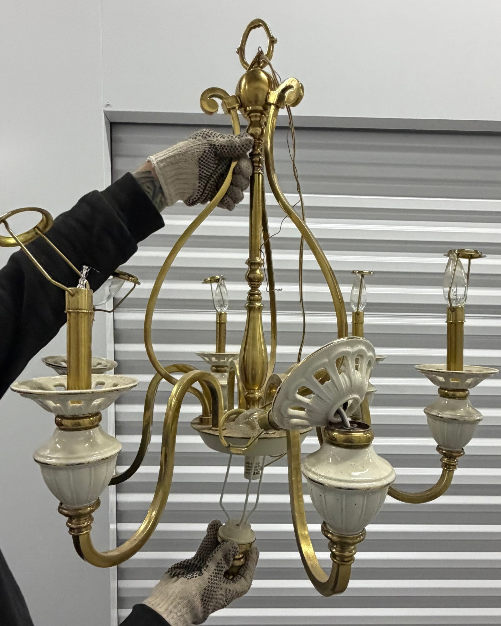 Vintage Brass and Ceramic Five-Light Chandelier - 2