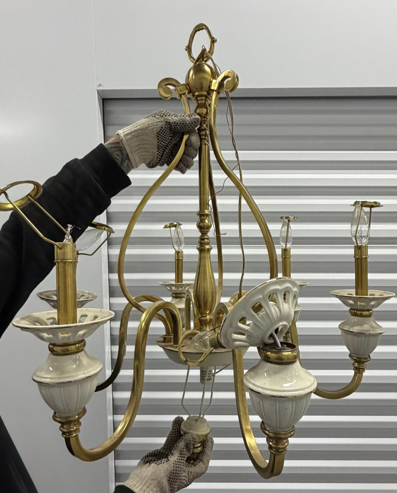 Vintage Brass and Ceramic Five-Light Chandelier - 3