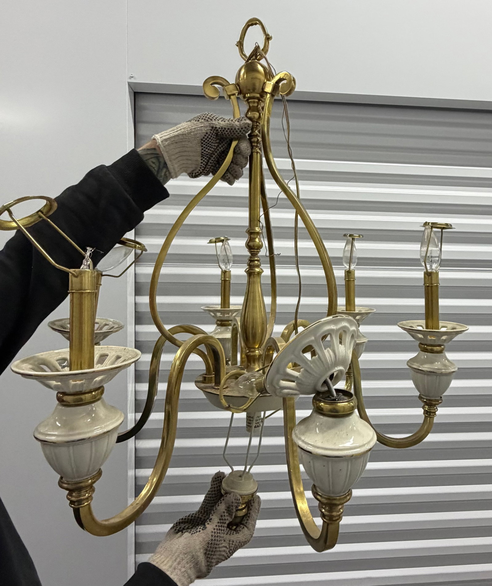 Vintage Brass and Ceramic Five-Light Chandelier - 4