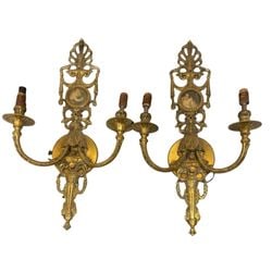 Pair of Rococo Revival Gilt Brass Sconces with Classical Printed Inserts (1 of 2)