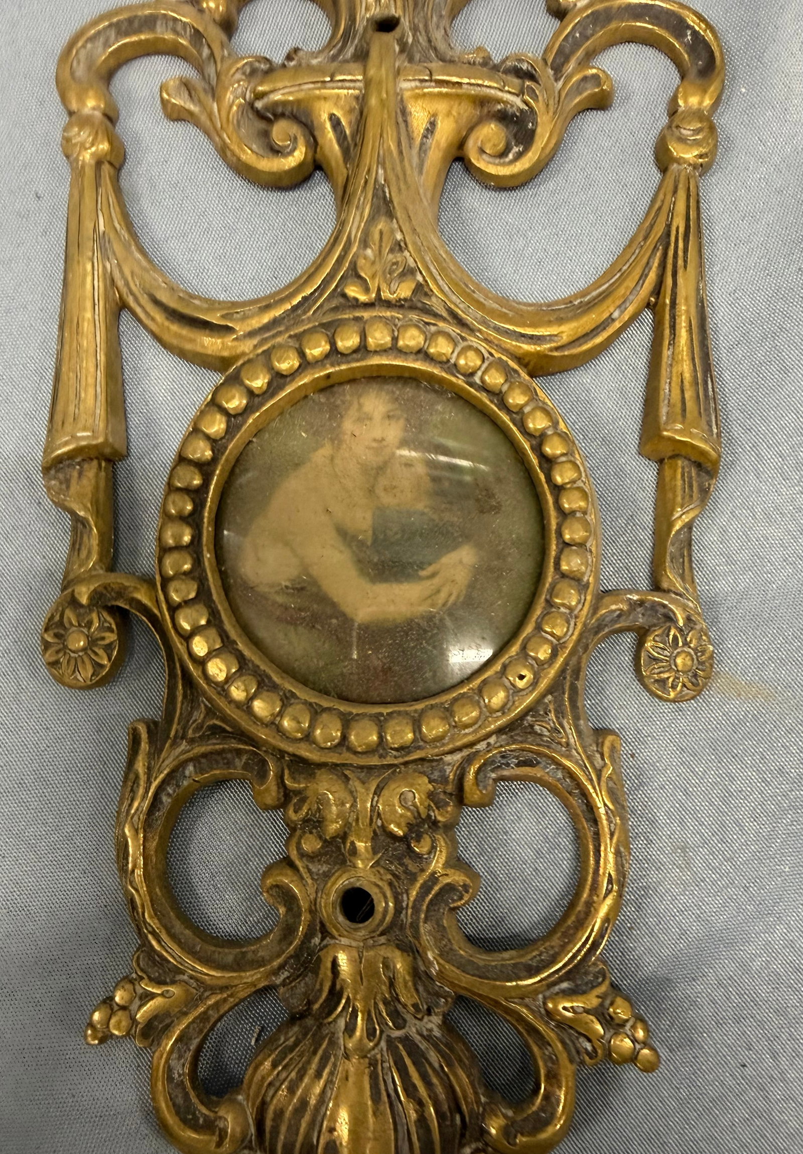 Pair of Rococo Revival Gilt Brass Sconces with Classical Printed Inserts - 2