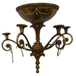 Gilt Bronze and Crystal Five-Light Chandelier Sconce: An ornate gilt bronze and crystal five-light chandelier sconce. The fixture features a central, inverted bowl-shaped ceiling plate adorned with a pierced, scrolling acanthus leaf border and dotted det
