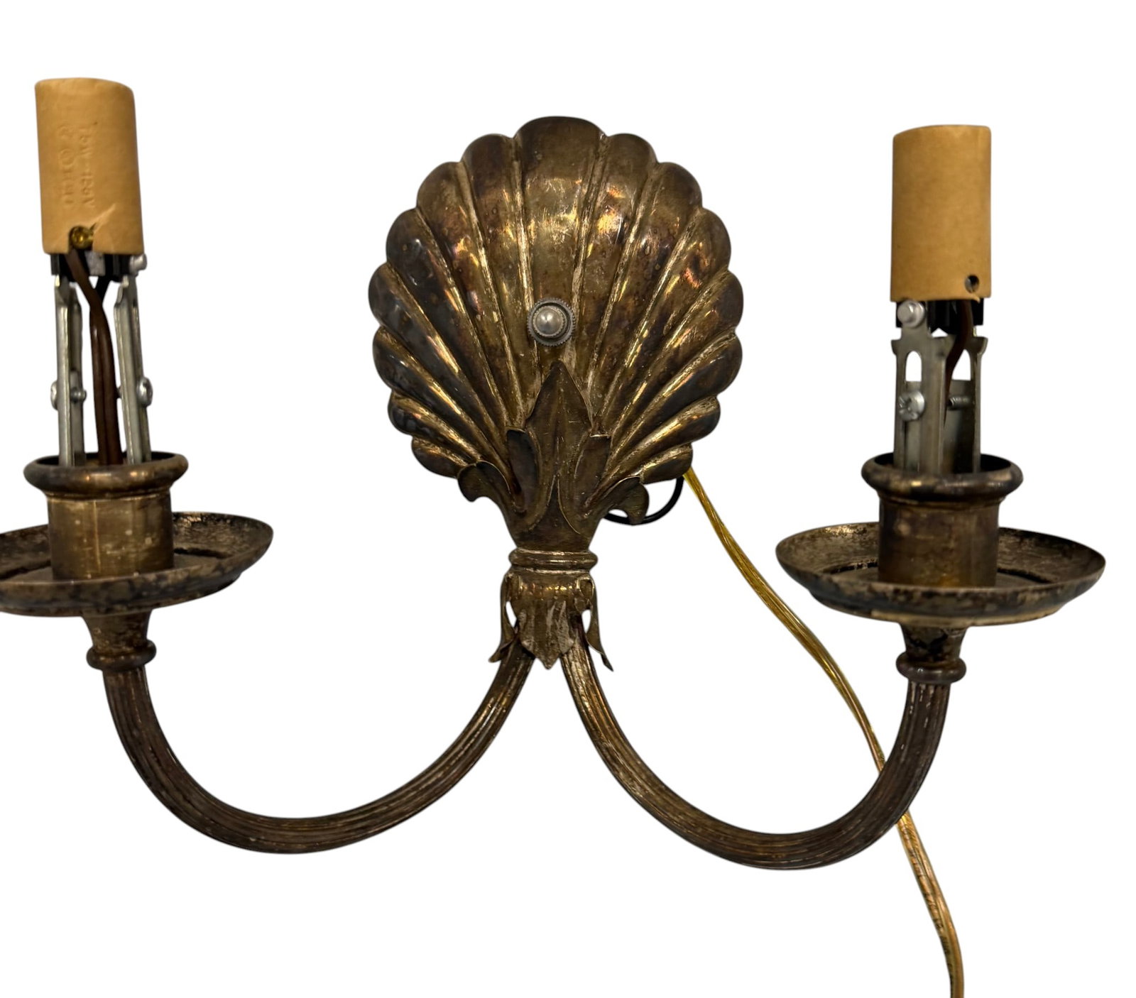 Vintage Brass Double Arm Sconce with Scalloped Backplate (1 of 1)