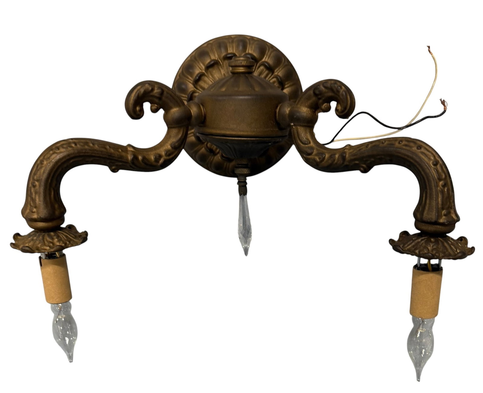 Vintage Bronzed Metal Two-Light Wall Sconce with Crystal Finial (1 of 1)