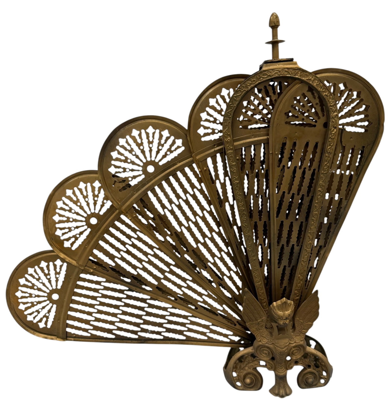 Victorian Brass Fan Fireplace Screen Embellished with Mythical Creatures: An ornate Victorian-style brass fireplace screen, designed in a fan-like, expanding form. The screen features intricate reticulated details on each of its five fan leaves, creating a decorative and