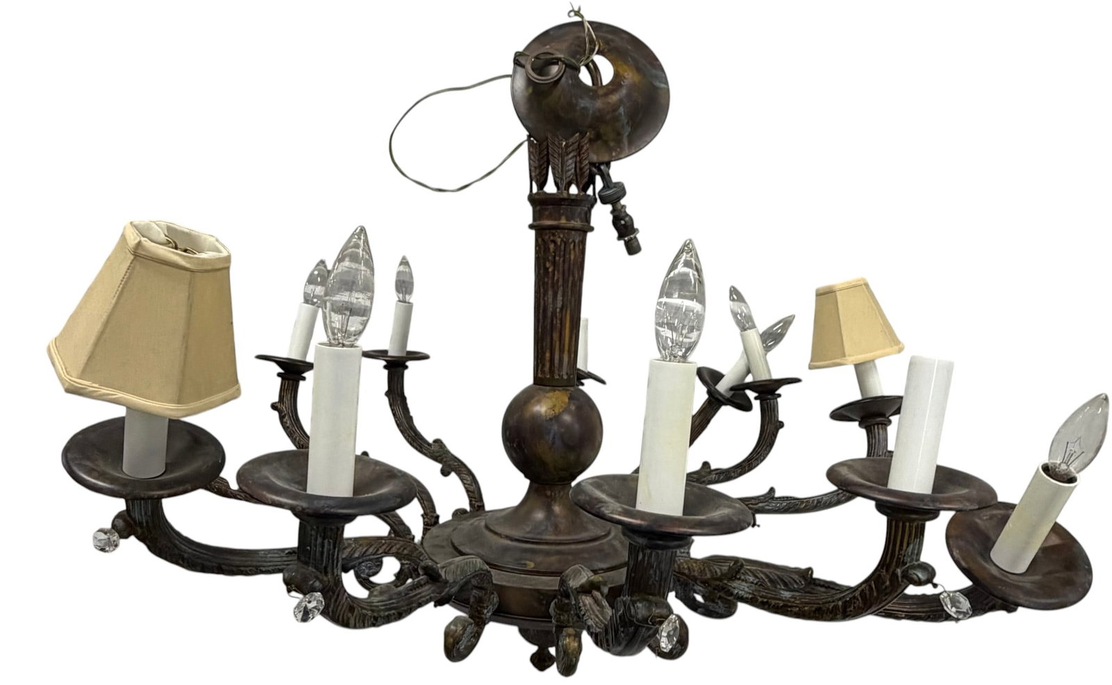 Patinated Bronze Twelve-Light Chandelier with Shades: A large patinated bronze twelve-light chandelier in the Baroque or Rococo Revival style, likely late 19th or early 20th century. The chandelier features a central fluted column with a spherical
