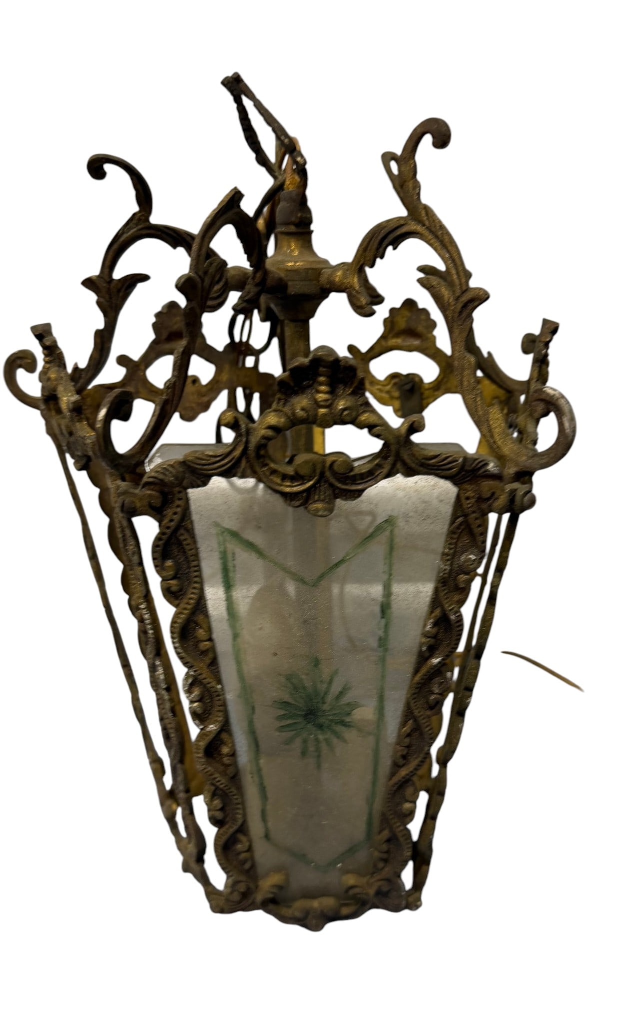 Gilt Bronze and Frosted Glass Hall Lantern: An ornate gilt bronze and frosted glass hall lantern, likely French, dating from the late 19th or early 20th century. The lantern features four panels of frosted glass, each adorned with a