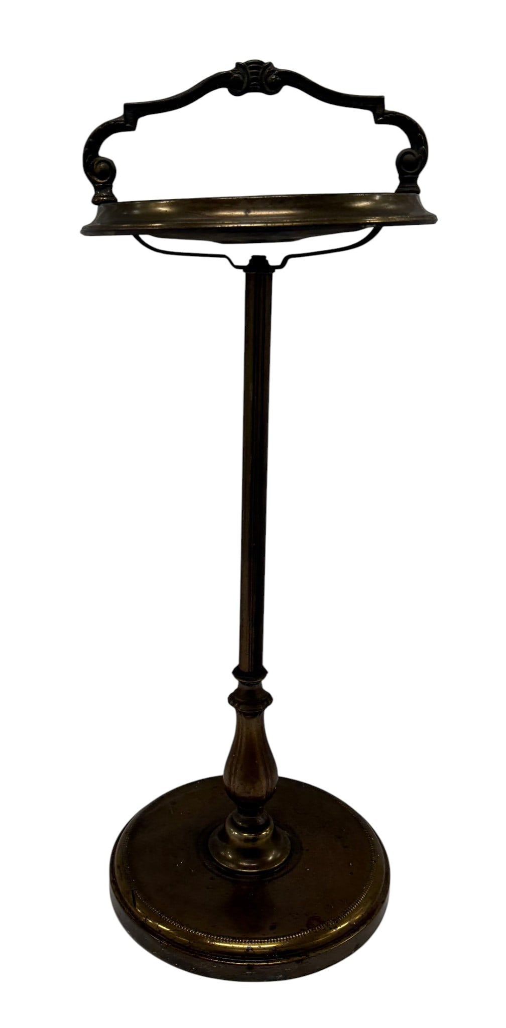 Antique Brass Tabletop Ashtray Stand, late 19th - early 20th C.: An antique tabletop ashtray stand crafted from brass, likely dating from the late 19th to early 20th Century. The stand features a fluted central column rising from a circular, weighted base. The top