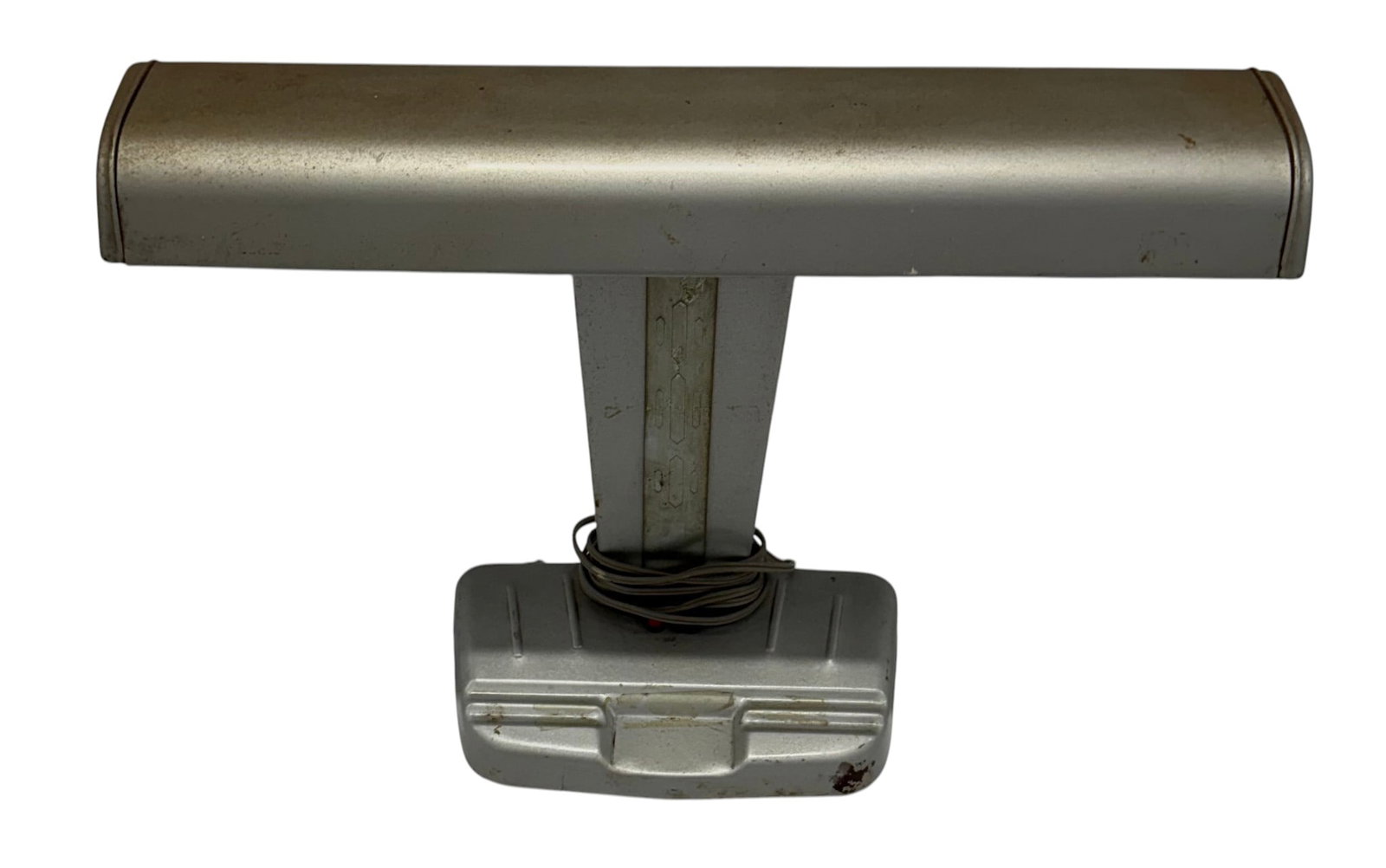 Vintage Art Deco Industrial Desk Lamp: A vintage Art Deco industrial desk lamp, likely dating from the 1930s-1950s. The lamp features a streamlined design with a rectangular base and a tall, tapering central support column leading to a