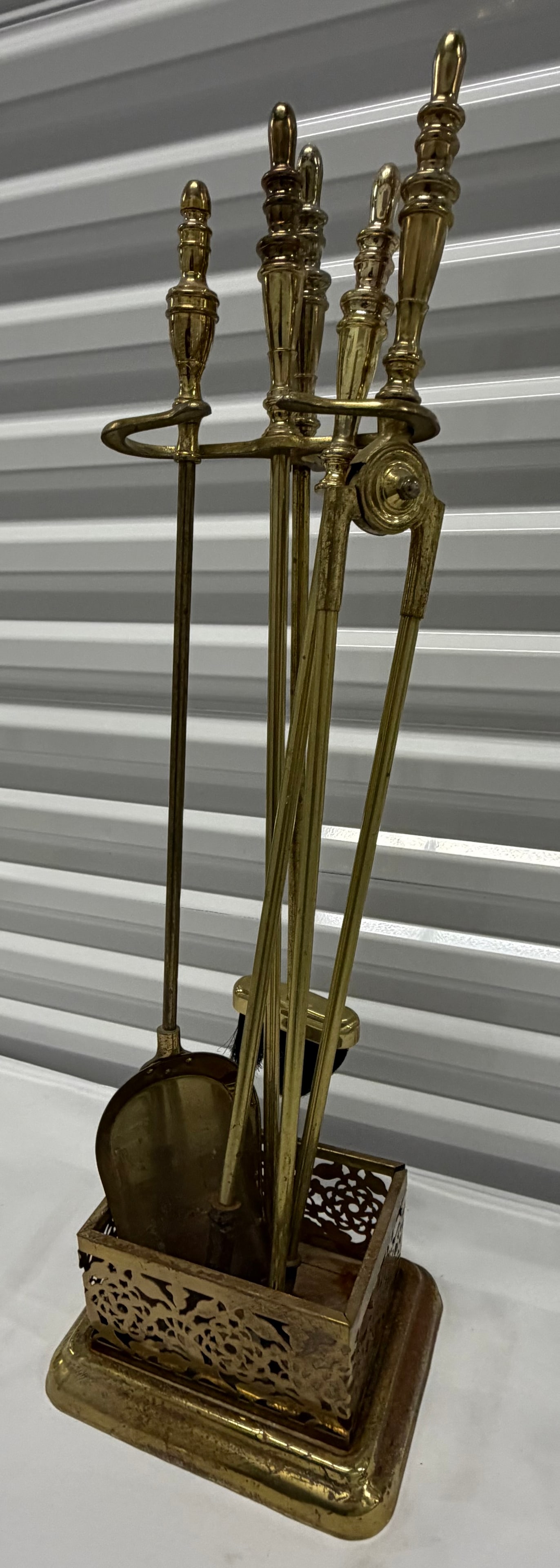 Vintage Brass Fireplace Tool Set with Ornate Stand - 2