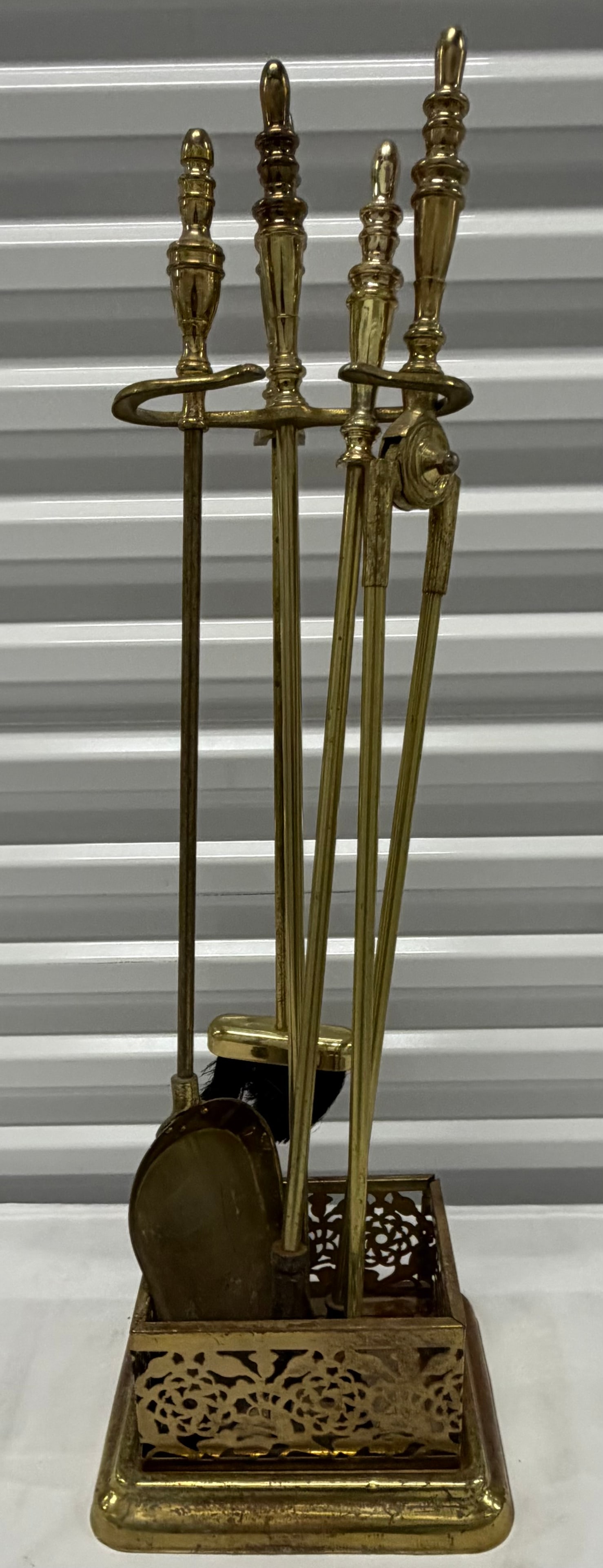 Vintage Brass Fireplace Tool Set with Ornate Stand - 3