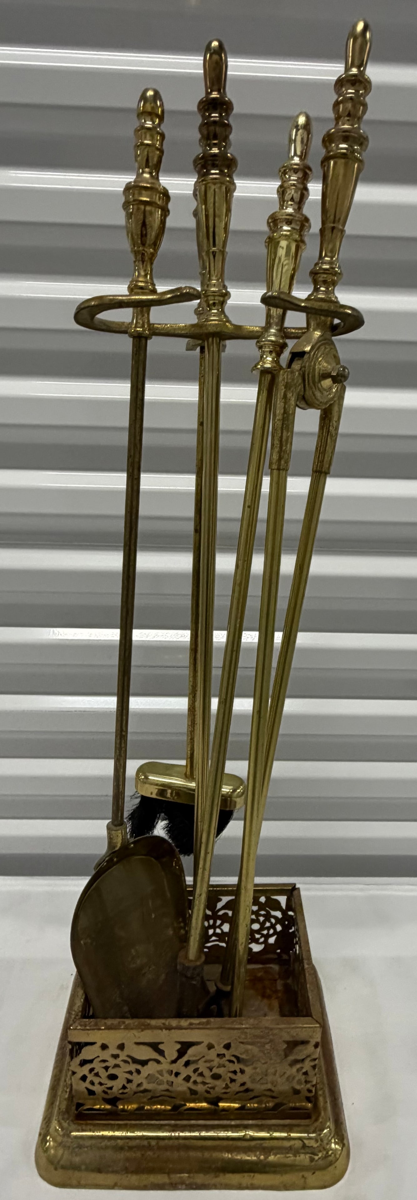 Vintage Brass Fireplace Tool Set with Ornate Stand - 4