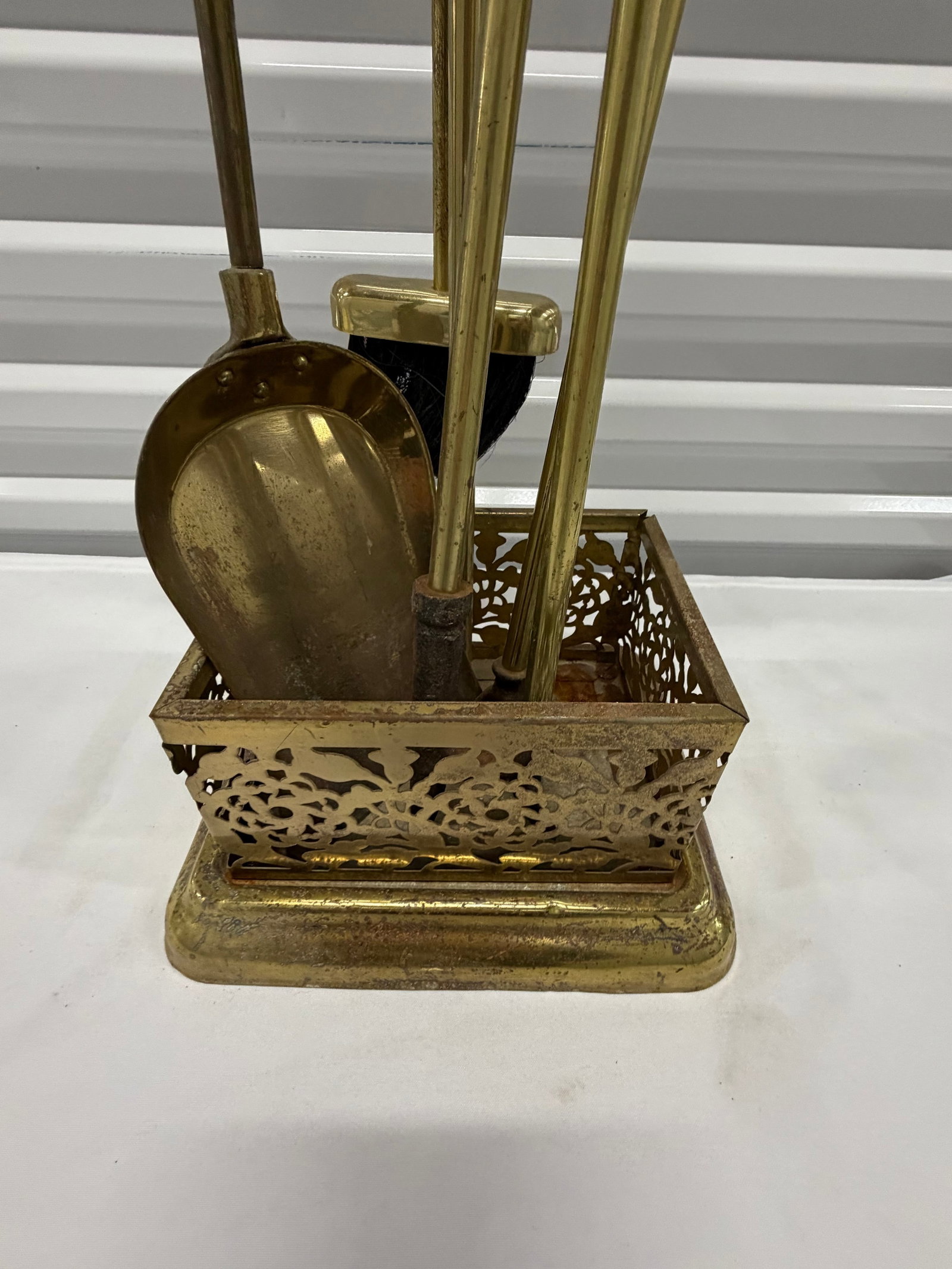 Vintage Brass Fireplace Tool Set with Ornate Stand - 5