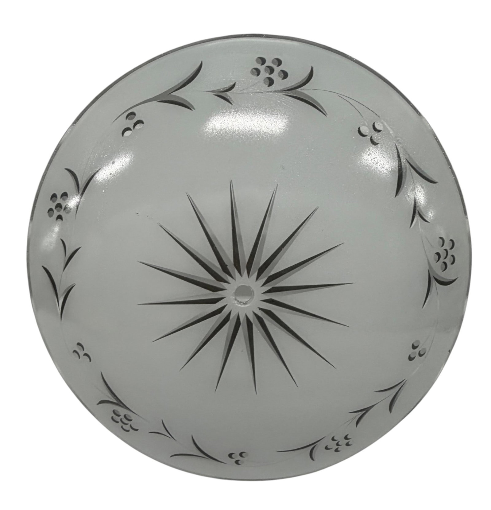 Vintage Frosted Glass Ceiling Light Shade with Starburst and Floral Etching: This vintage ceiling light shade is crafted from frosted glass, featuring an elegant starburst design at its center, surrounded by delicate etched floral and berry motifs. The style suggests a