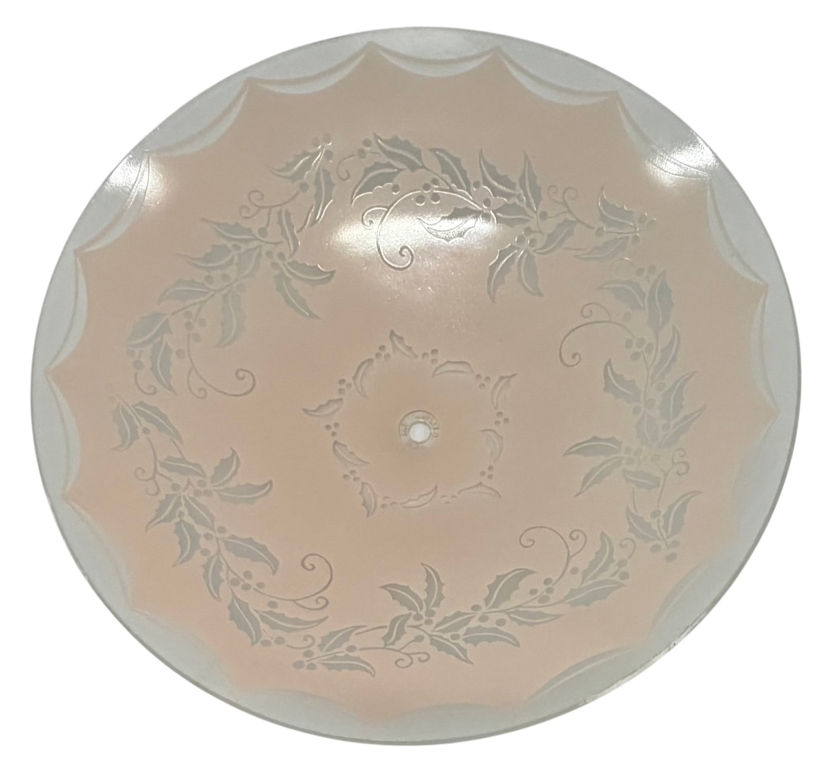 Vintage Frosted and Etched Ceiling Light Shade with Holly and Berries Motif: This vintage ceiling light shade features a frosted glass body with an etched pattern of holly leaves and berries, typical of early to mid-20th-century decorative lighting. The scalloped edge adds a