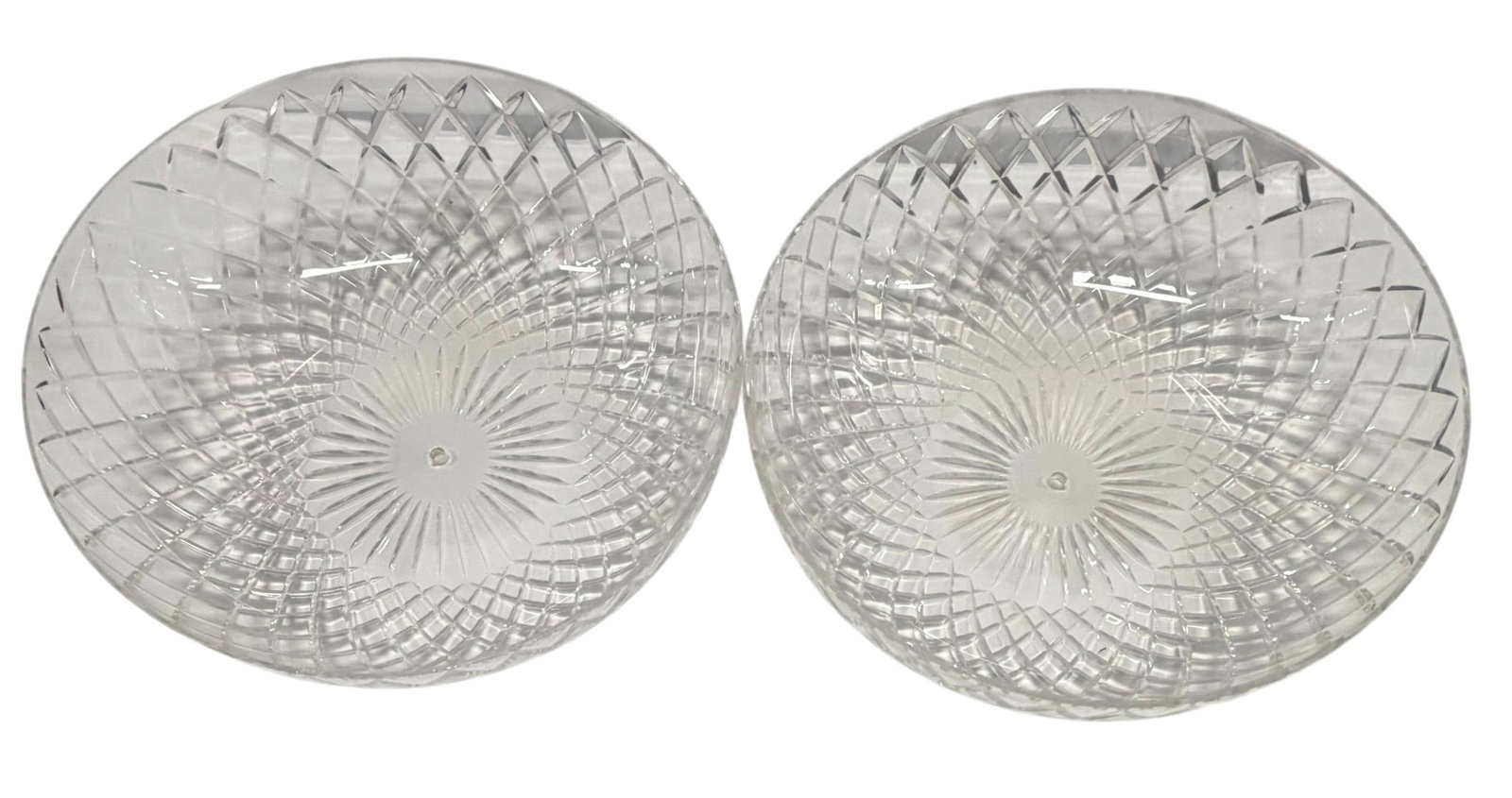 Pair of Cut Crystal Dome-Shaped Light Shades: This lot features a pair of dome-shaped light shades crafted from clear, cut crystal. Each shade exhibits a "hobnail" or diamond-cut pattern across its surface, creating a sparkling effect when light