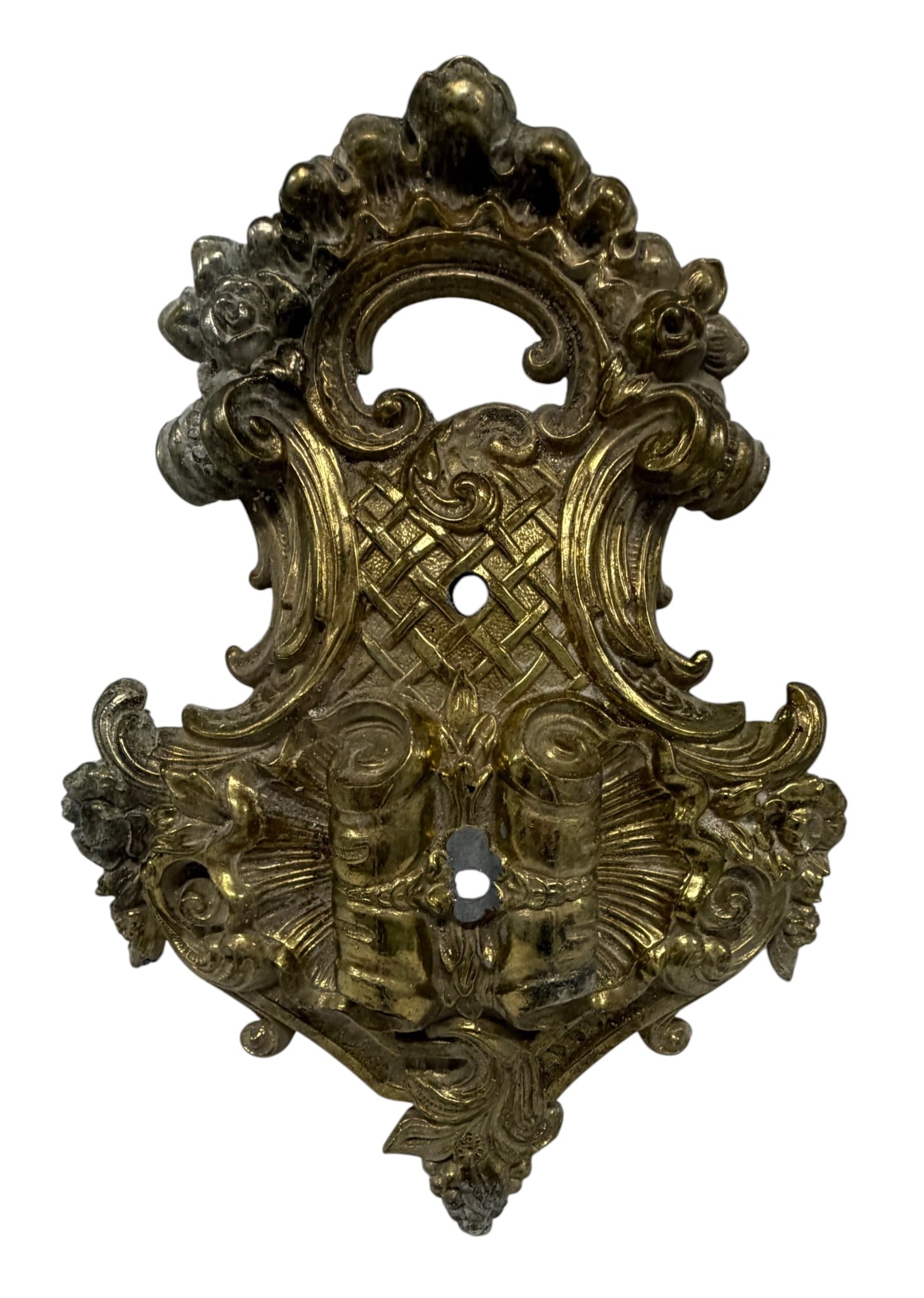 Gilt Bronze Rococo Style Escutcheon Plate: A finely cast gilt bronze escutcheon plate in the Rococo style, likely dating from the late 19th or early 20th century. The ornate design features scrolling acanthus leaves, floral motifs, and a