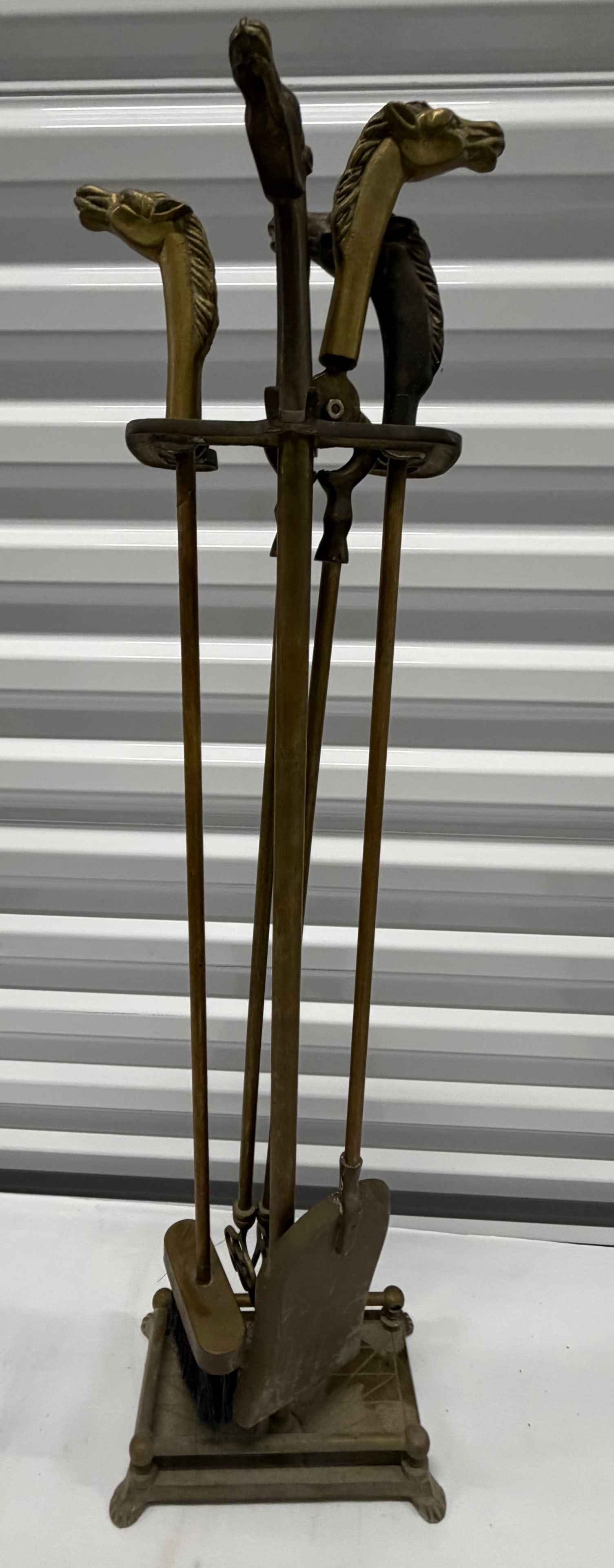 Vintage Brass Fireplace Tool Set with Horse Head Handles - 4
