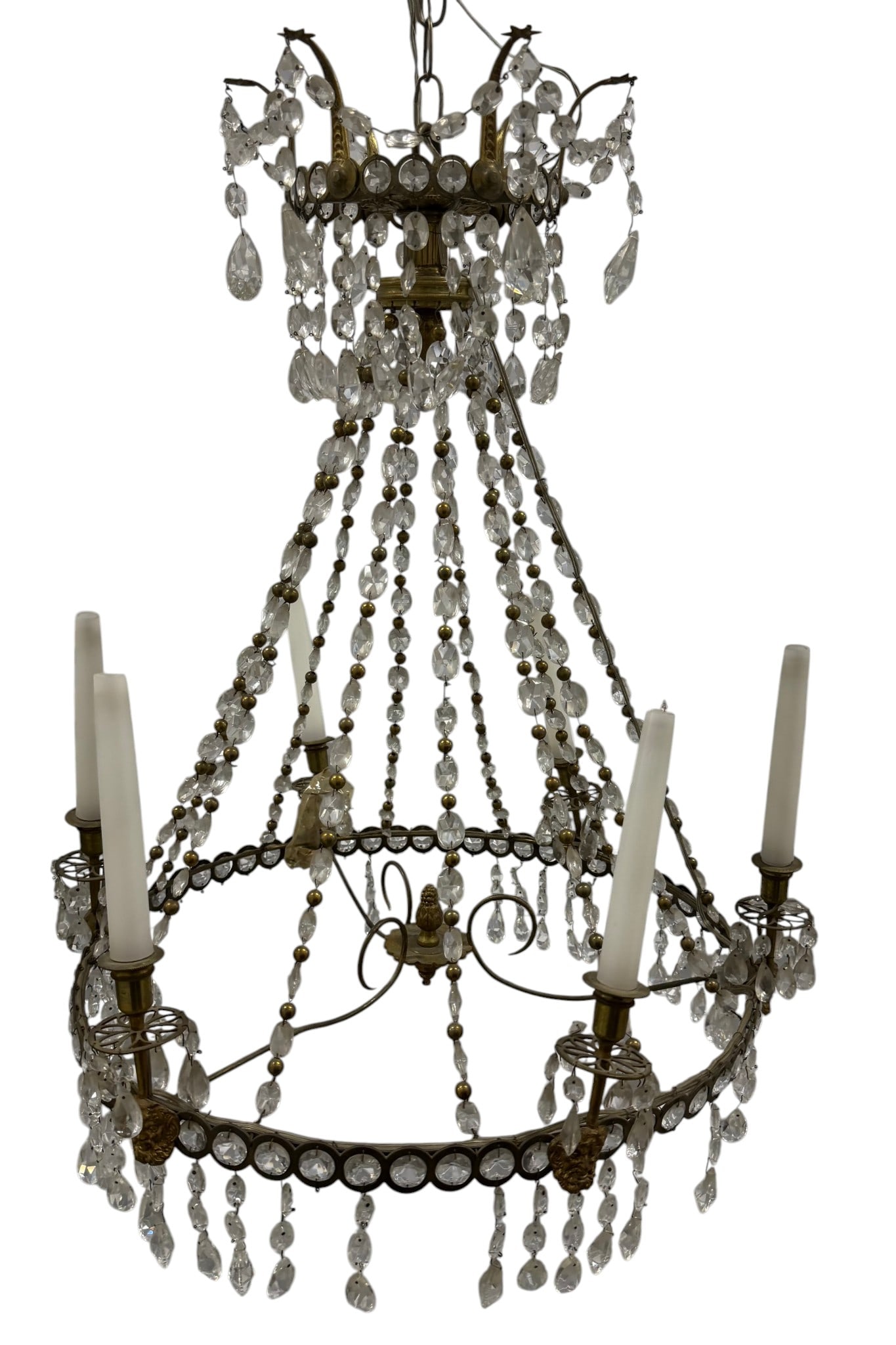 Gilt Bronze and Cut Crystal Chandelier, 20th Century: A substantial gilt bronze and cut crystal chandelier. This elegant chandelier features a tiered design, festooned with numerous cut crystal teardrop and spherical beads, suspended from a gilt bronze