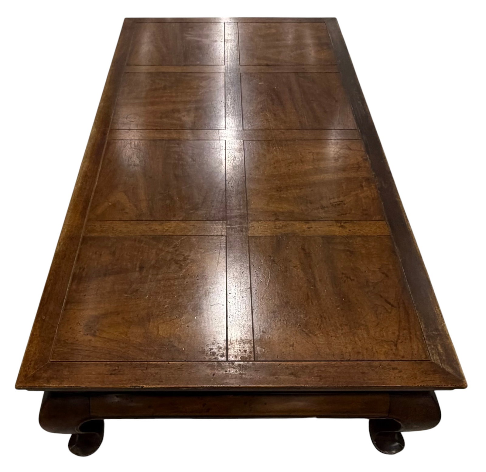 Chinese Export Style Hardwood Coffee Table: This is a Chinese Export style coffee table, likely dating from the mid-20th century. The table is crafted from a dark-stained hardwood, possibly rosewood or a similar dense exotic wood, and features 