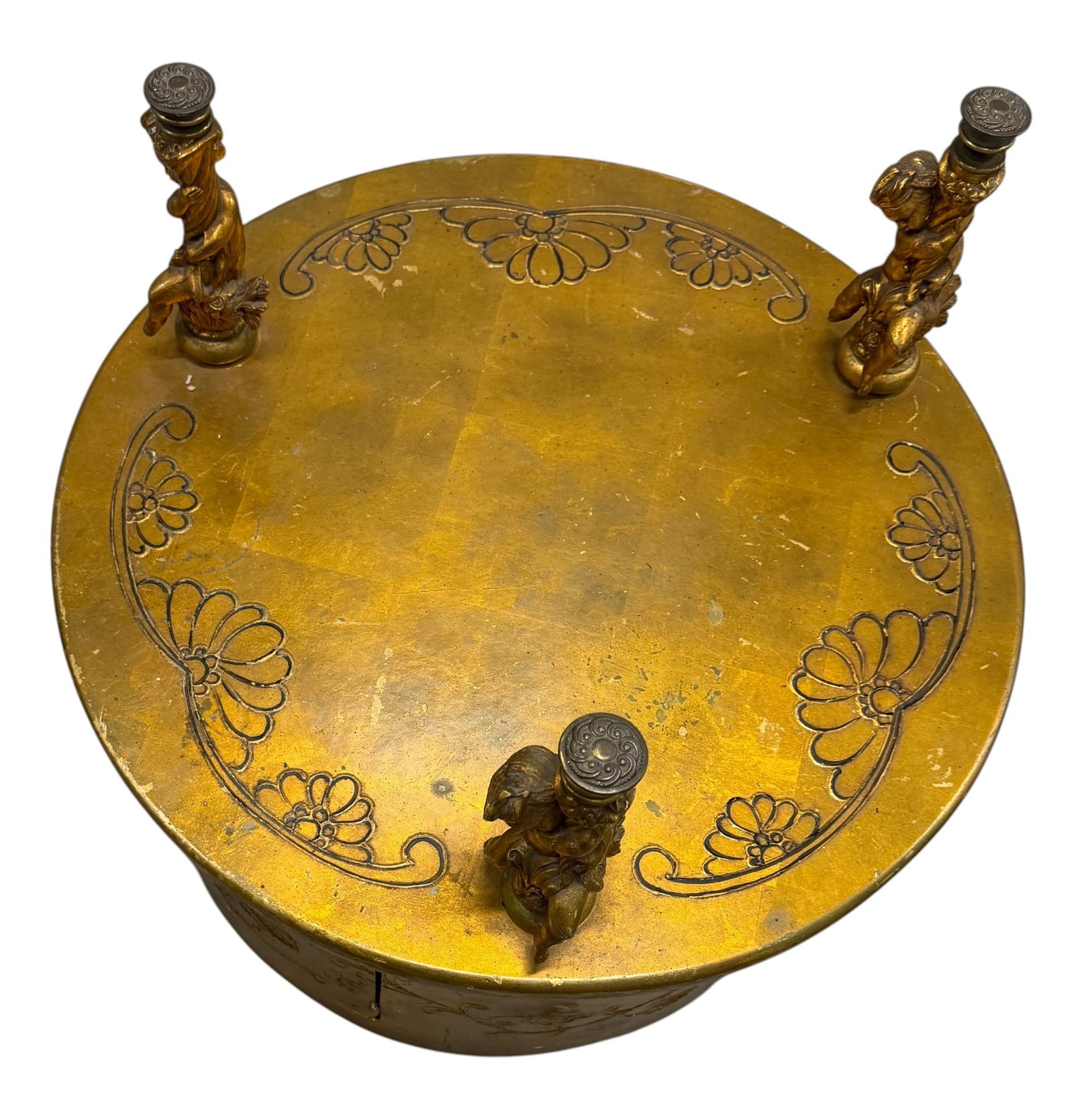 Giltwood Neoclassical Style Round Side Table: A round side table in the Neoclassical style, likely from the mid-20th century, constructed from wood and finished with gilt. The table features three ornate, cherub-form supports rising from the top