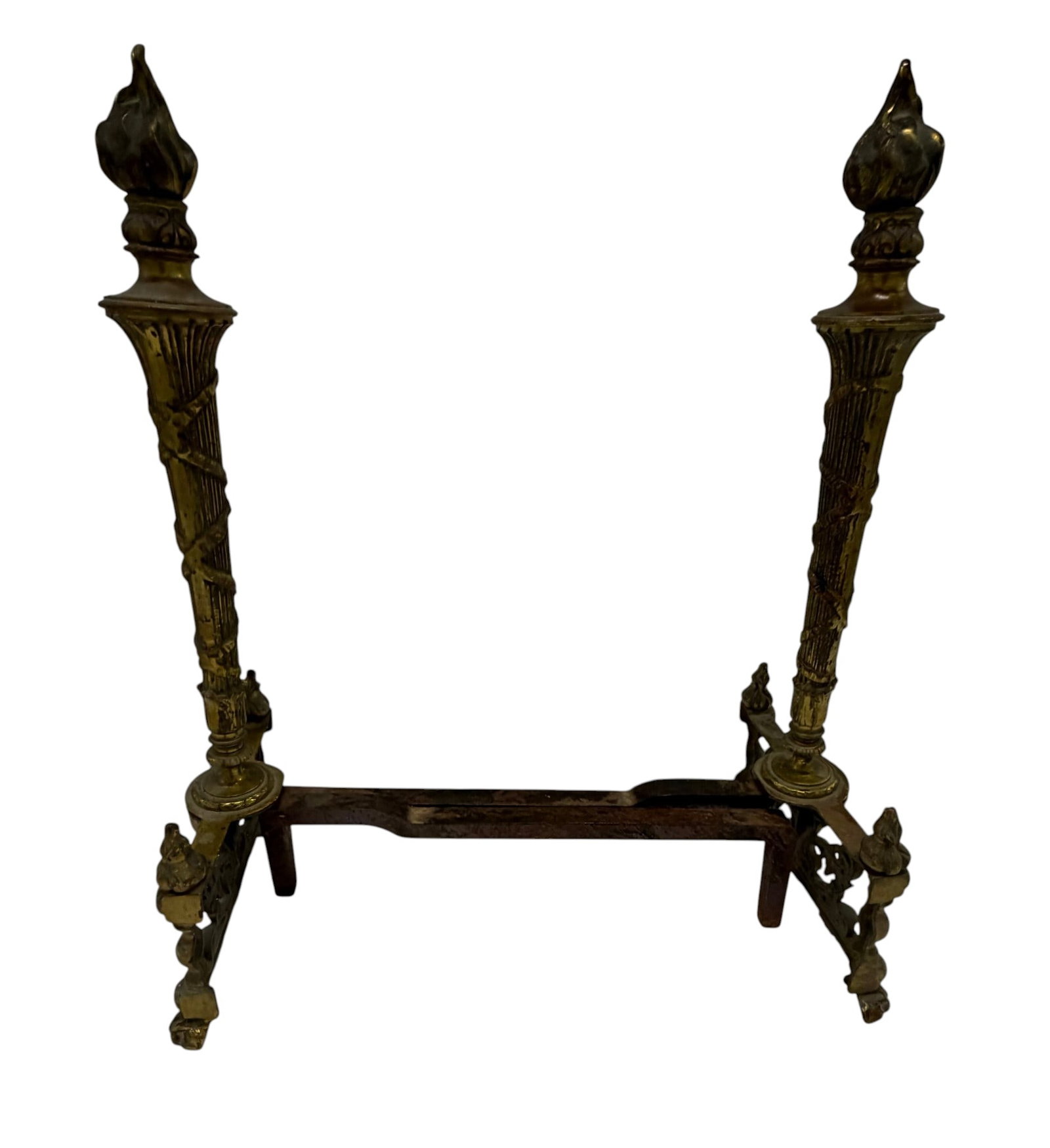 Pair of Antique Brass Fireplace Andirons with Flame Finials (1 of 4)