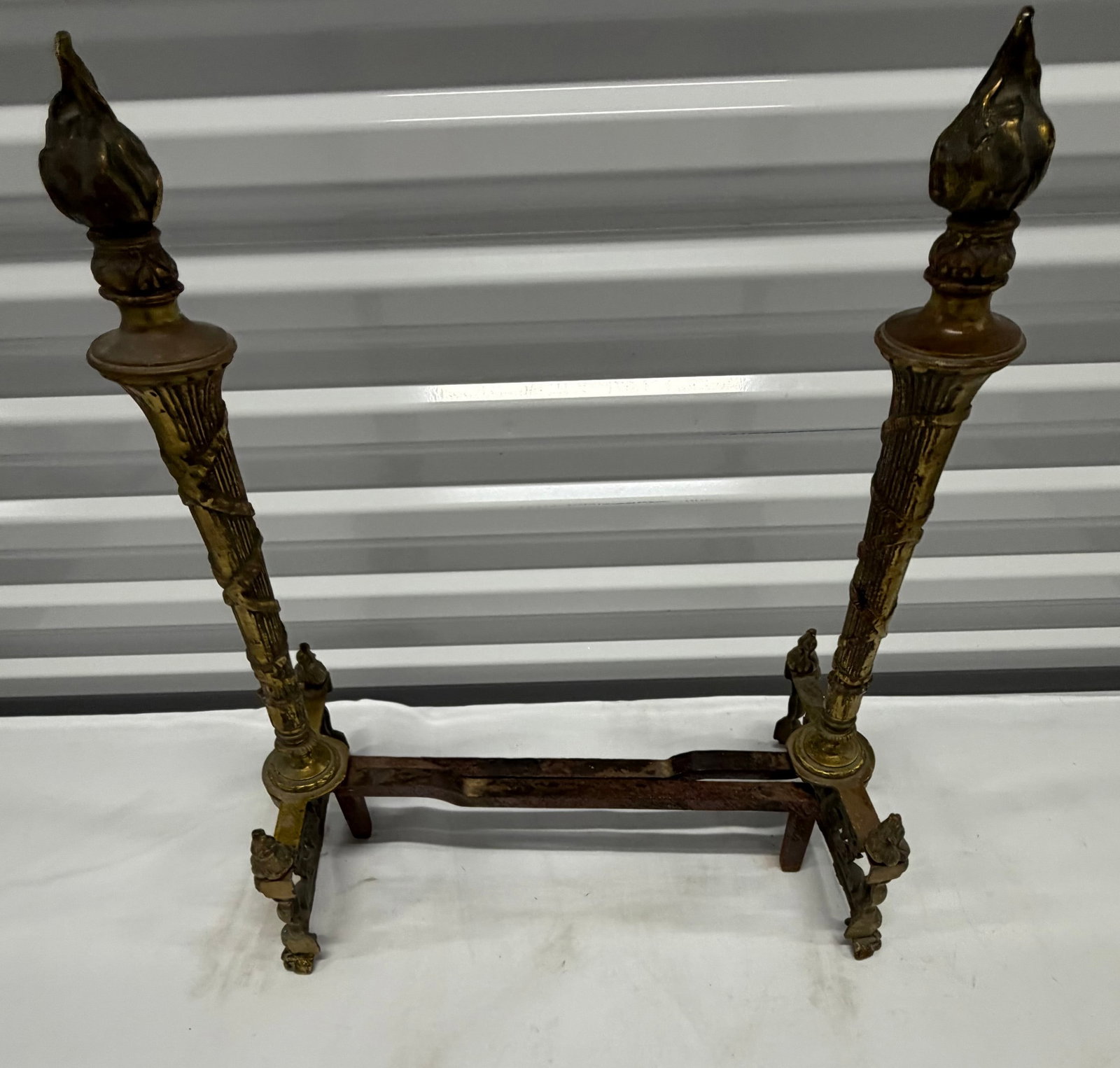 Pair of Antique Brass Fireplace Andirons with Flame Finials - 2