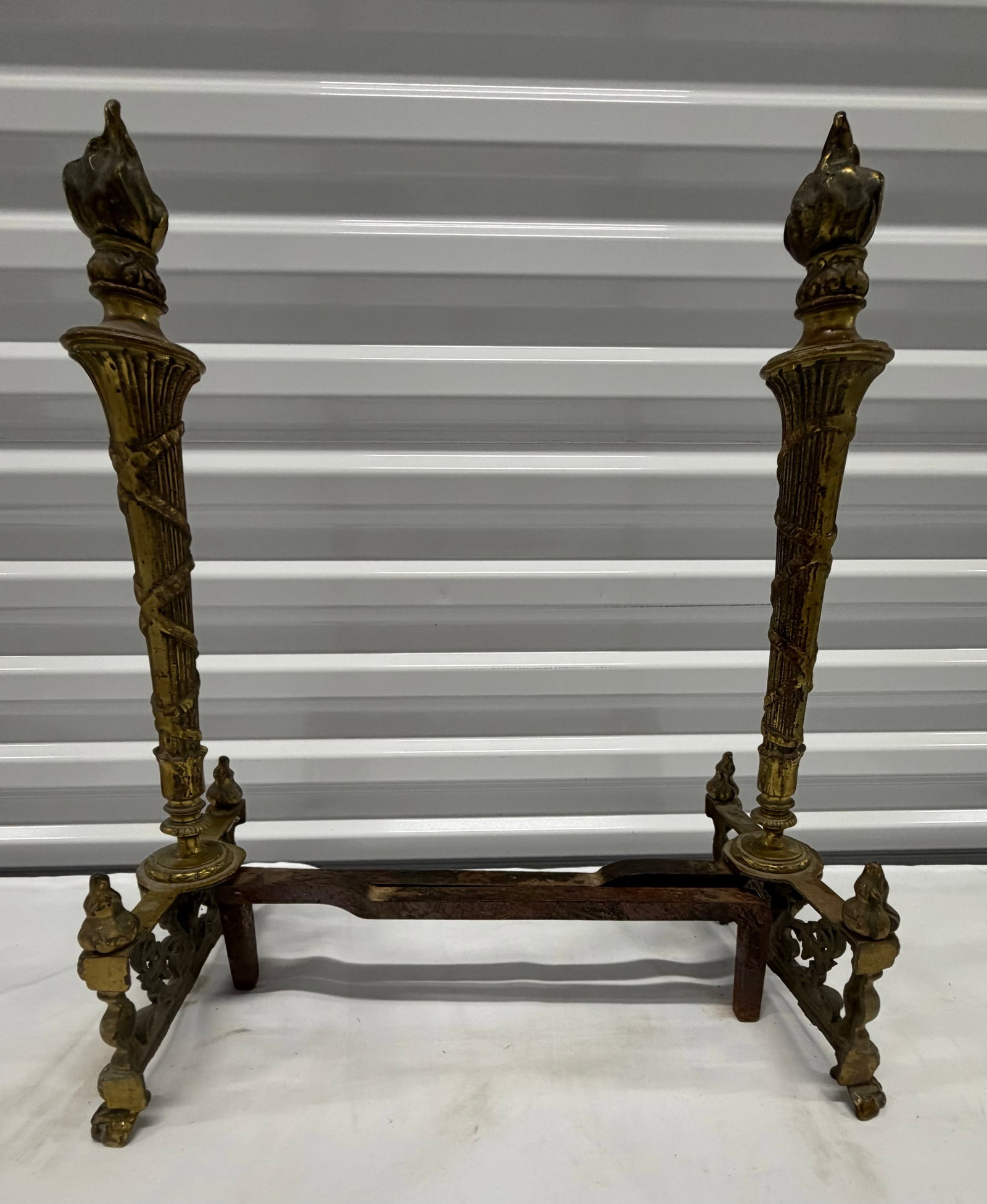 Pair of Antique Brass Fireplace Andirons with Flame Finials - 3